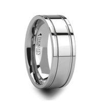Polished tungsten carbide wedding band with dual offset grooves, angled view