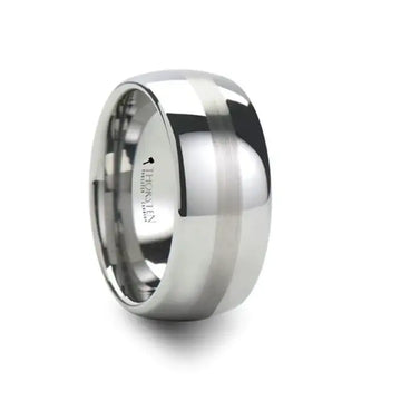 Wide domed tungsten carbide wedding band with a central brushed stripe and polished rounded edges, 10mm width, interior engraved THORSTEN.