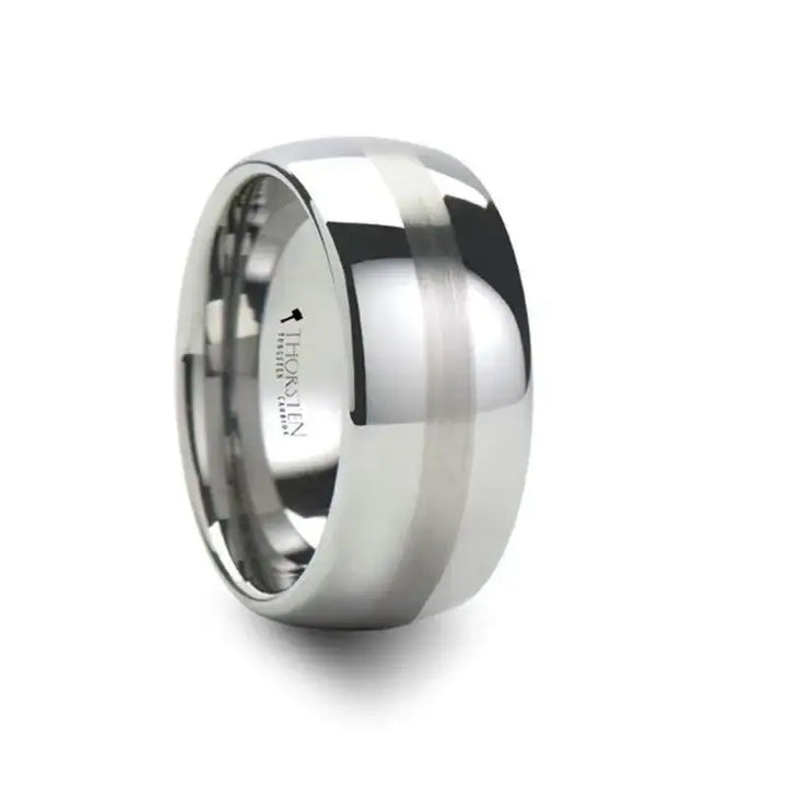 Wide domed tungsten carbide wedding band with a central brushed stripe and polished rounded edges, 10mm width, interior engraved THORSTEN.