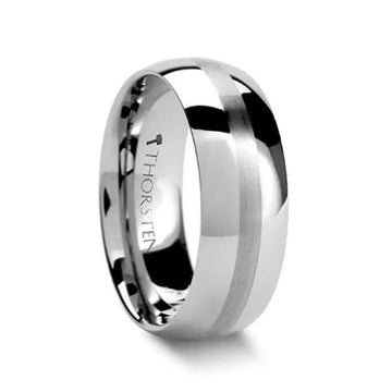 Side view of domed tungsten carbide ring showing brushed stripe contrasted with high-polish finish, 10mm width.