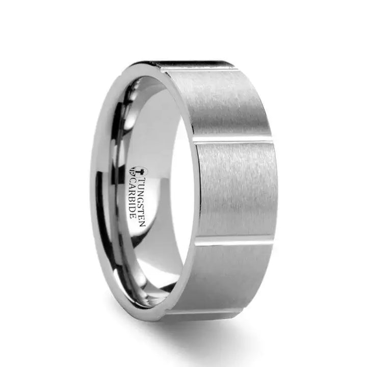 DAYTON Pipe Cut brush finish with Horizontal Grooves Tungsten Carbide Ring - 8mm - Larson Jewelers