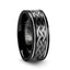 Angled view of the KILDARE 8mm black tungsten wedding band with laser-engraved Celtic knot pattern and polished grooves