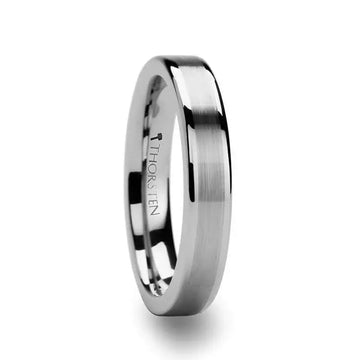 Slim flat tungsten carbide ring with brushed center and shiny edges, angled view