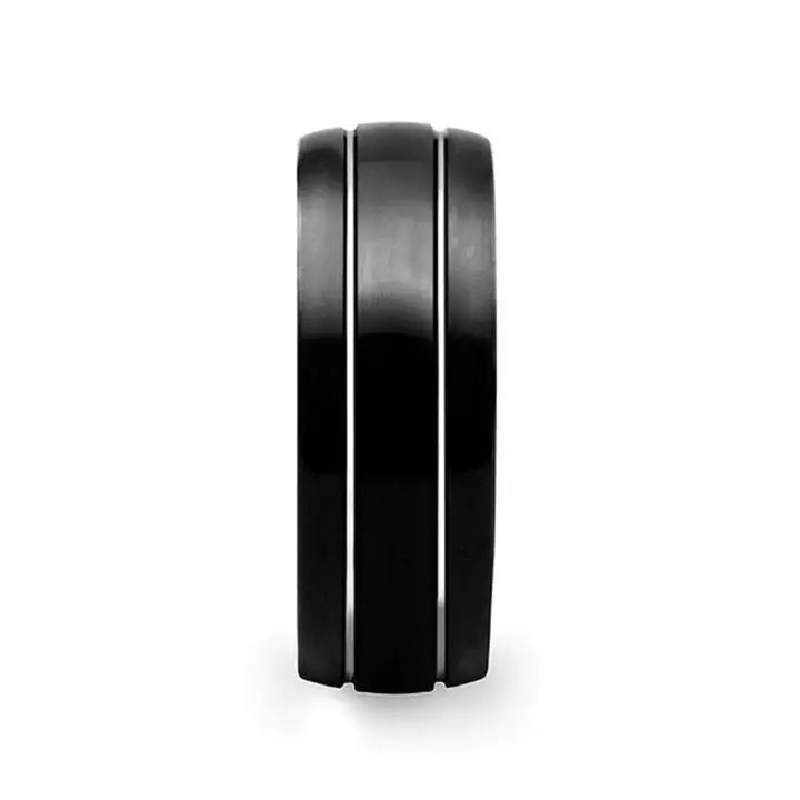 Domed black tungsten carbide ring with dual polished offset grooves, front profile view