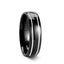Narrow-angle side view of domed black tungsten carbide ring featuring two polished offset grooves