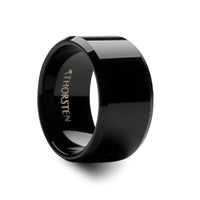 Side view of the SEATTLE black tungsten carbide wedding band with beveled edges, 12mm width