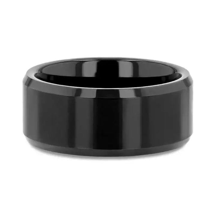 Top-down view of the 10mm black tungsten carbide ring highlighting beveled edges and polished finish