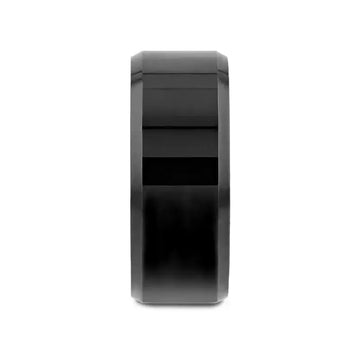 Front profile of the black tungsten carbide beveled-edge ring showing its width