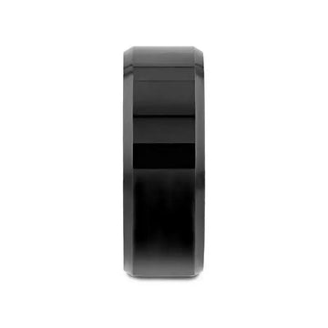 Front angled view of the INFINITY black tungsten ring highlighting its glossy finish and beveled edge profile
