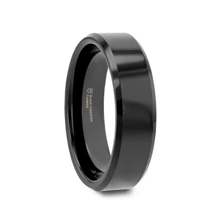 Black tungsten carbide ring with beveled edges, angled side view (narrow)