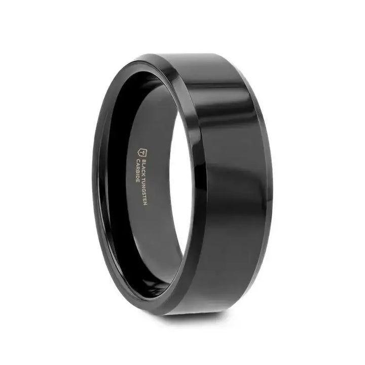 Side view of the INFINITY black tungsten carbide ring showing polished beveled edges