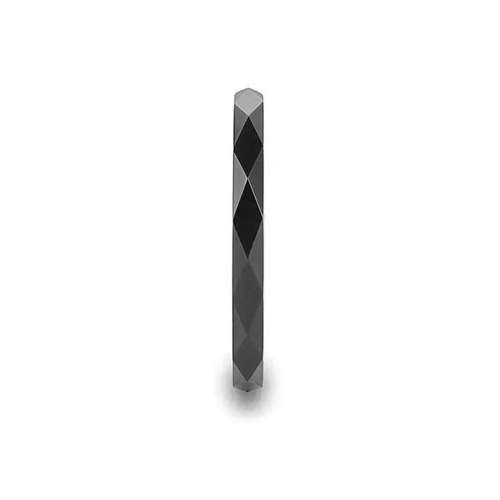 Front thin profile view of the 2mm black diamond-faceted tungsten ring showing the narrow width