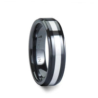 HELSINKI black ceramic ring featuring a central tungsten carbide band, narrow profile view