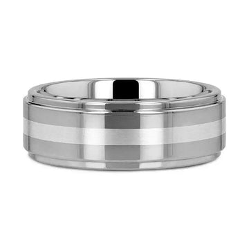 VALKYRIE raised-center tungsten carbide ring with brushed center stripe – flat lay