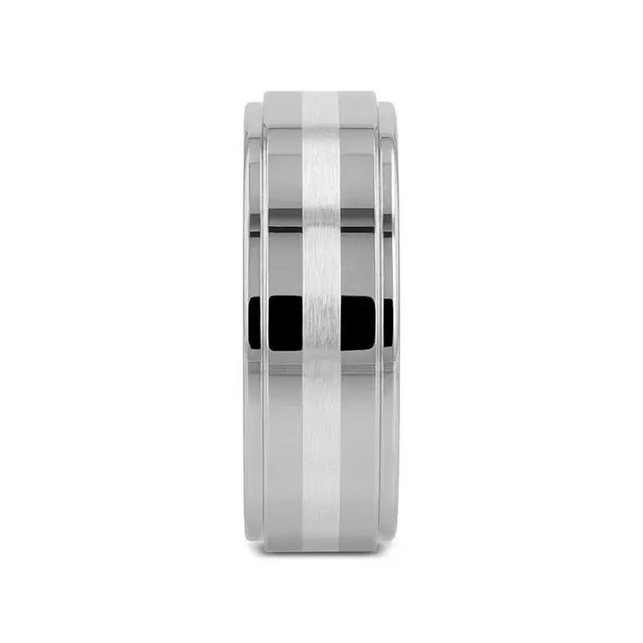VALKYRIE raised-center tungsten carbide ring with 2mm brushed stripe – front view