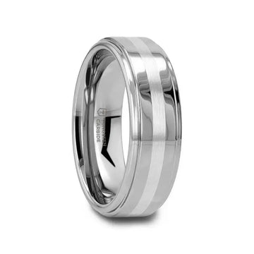 VALKYRIE raised-center tungsten carbide ring showing inner engraving and brushed stripe – angled view