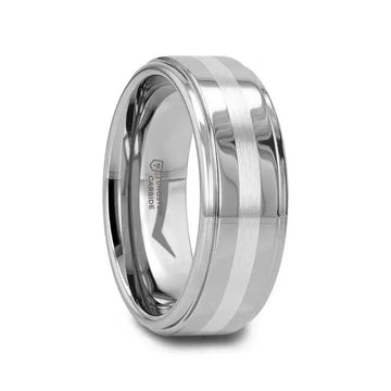 VALKYRIE raised-center tungsten carbide ring with 2mm brushed stripe, polished step edges – angled side view