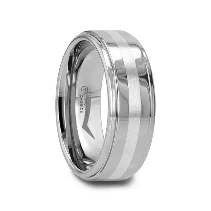 VALKYRIE raised-center tungsten carbide ring with 2mm brushed stripe, polished step edges – angled side view