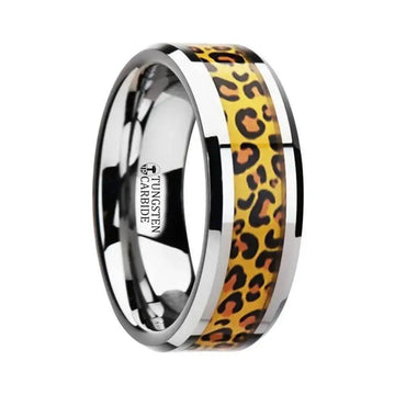 SAVANNAH Tungsten Wedding Ring with Cheetah Print Animal Design Inlay - 6mm & 8mm - Larson Jewelers