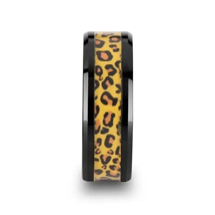NAMIBIA Black Ceramic Wedding Band with Cheetah Print Animal Design Inlay - 6mm & 8mm - Larson Jewelers