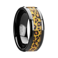 NAMIBIA Black Ceramic Wedding Band with Cheetah Print Animal Design Inlay - 6mm & 8mm - Larson Jewelers