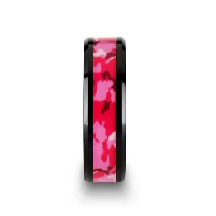 SIERRA Black Ceramic Ring with Pink and White Camouflage Inlay - 6mm & 8mm - Larson Jewelers