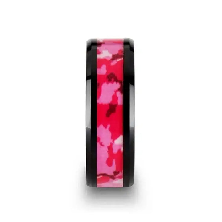 SIERRA Black Ceramic Ring with Pink and White Camouflage Inlay - 6mm & 8mm - Larson Jewelers