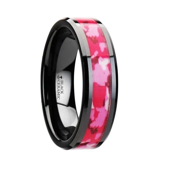 SIERRA Black Ceramic Ring with Pink and White Camouflage Inlay - 6mm & 8mm - Larson Jewelers
