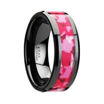 SIERRA Black Ceramic Ring with Pink and White Camouflage Inlay - 6mm & 8mm - Larson Jewelers
