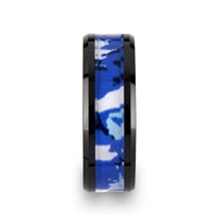 RECOIL Black Ceramic Ring with Blue and White Camouflage Inlay - 8mm - Larson Jewelers