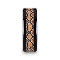 BASILISK Black Ceramic Wedding Ring with Boa Snake Skin Design Inlay - 8mm - Larson Jewelers