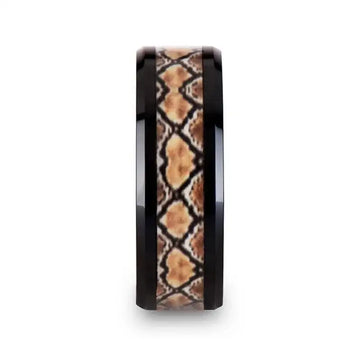 BASILISK Black Ceramic Wedding Ring with Boa Snake Skin Design Inlay - 8mm - Larson Jewelers