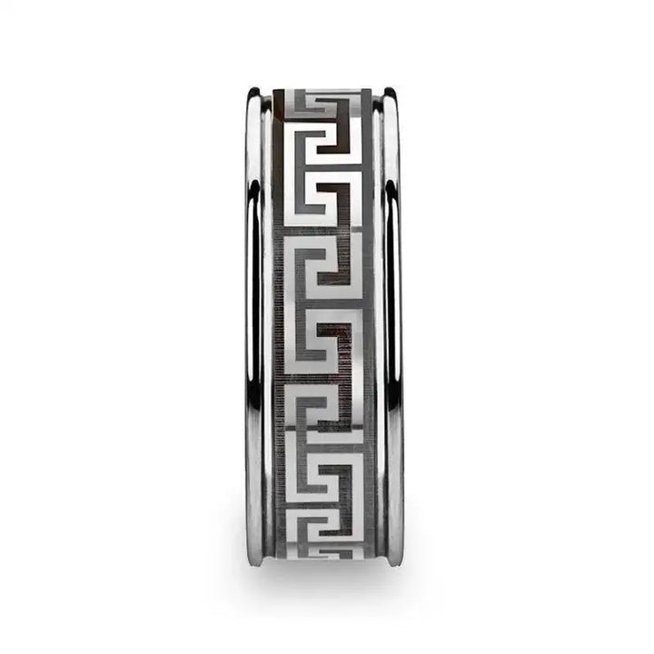 THASOS Grooved Tungsten Carbide Wedding Band with Greek Key Meander Design - 8mm - Larson Jewelers