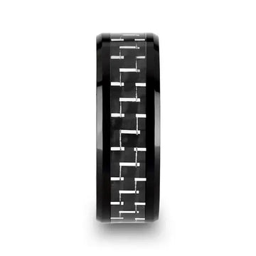 TITAN Black Beveled Ceramic Ring with Silver & Black Carbon Fiber Inlay - 8mm - Larson Jewelers