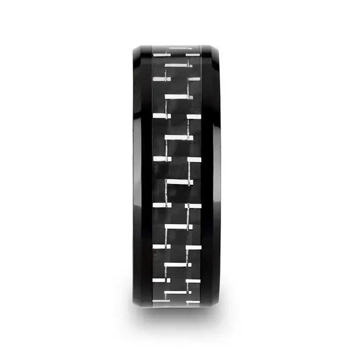 TITAN Black Beveled Ceramic Ring with Silver & Black Carbon Fiber Inlay - 8mm - Larson Jewelers