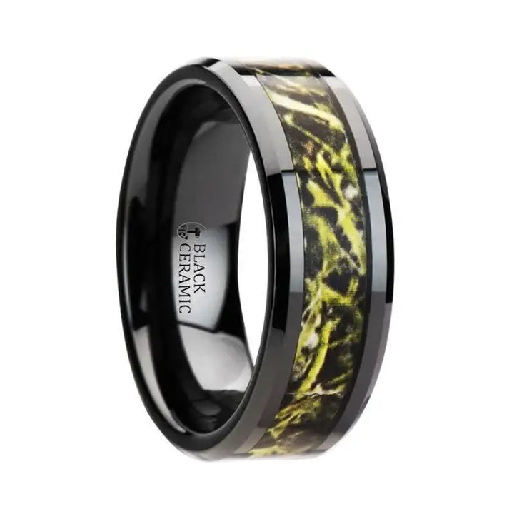 EVERGLADE Black Ceramic Wedding Band with Green Marsh Camo Inlay Ring - 8mm - Larson Jewelers