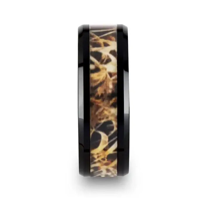 TUNDRA Black Ceramic Wedding Band with Leaves Grassland Camo Inlay Ring - 8mm - Larson Jewelers