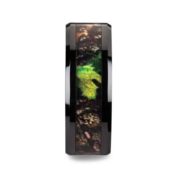 NIGHTFALL Realistic Tree Camo Black Ceramic Wedding Band with Green Leaves - 8mm - Larson Jewelers