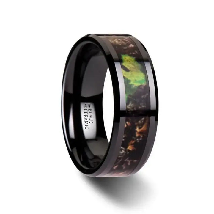 NIGHTFALL Realistic Tree Camo Black Ceramic Wedding Band with Green Leaves - 8mm - Larson Jewelers