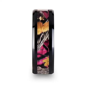 LAUREL Realistc Tree Camo Black Ceramic Wedding Band with Real Pink Oak Leaves - 6mm - 8mm - Larson Jewelers