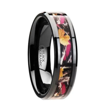 LAUREL Realistc Tree Camo Black Ceramic Wedding Band with Real Pink Oak Leaves - 6mm - 8mm - Larson Jewelers