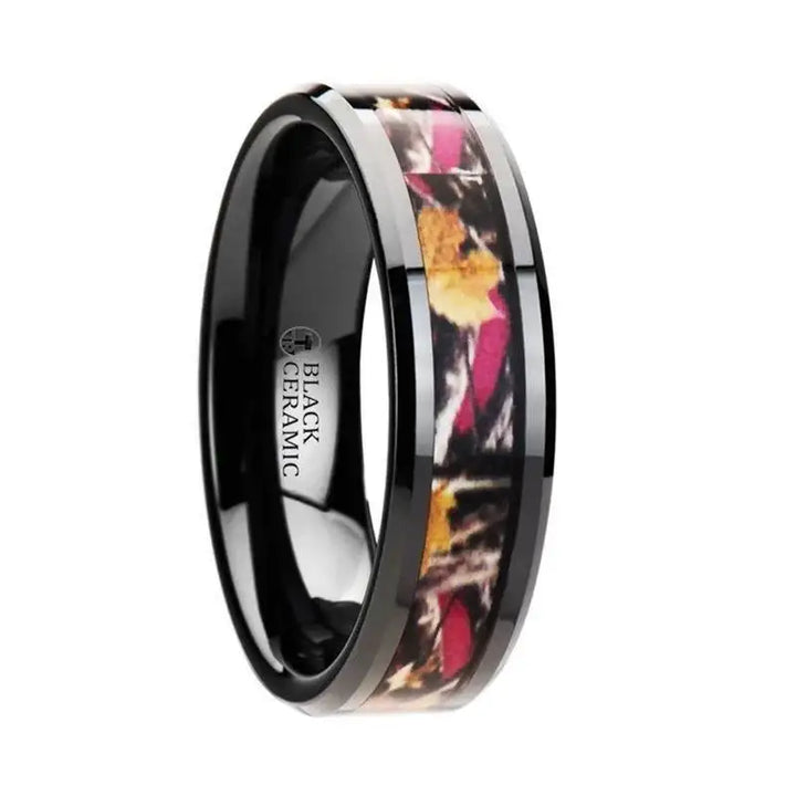 LAUREL Realistc Tree Camo Black Ceramic Wedding Band with Real Pink Oak Leaves - 6mm - 8mm - Larson Jewelers
