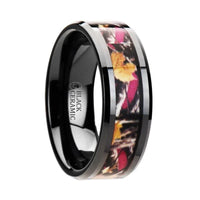 LAUREL Realistc Tree Camo Black Ceramic Wedding Band with Real Pink Oak Leaves - 6mm - 8mm - Larson Jewelers