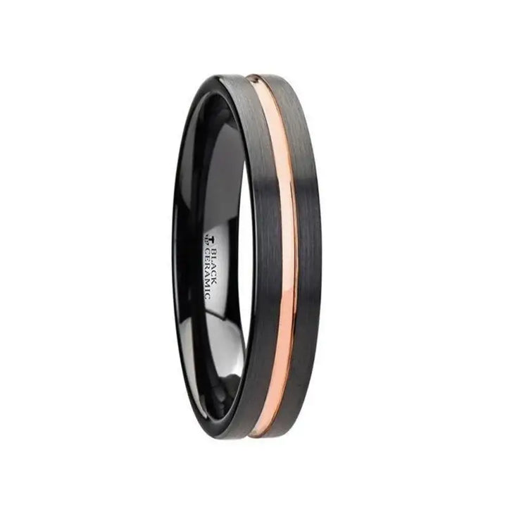 VENICE Black Ceramic Wedding Band with Rose Gold Groove - 4mm - 10mm - Larson Jewelers