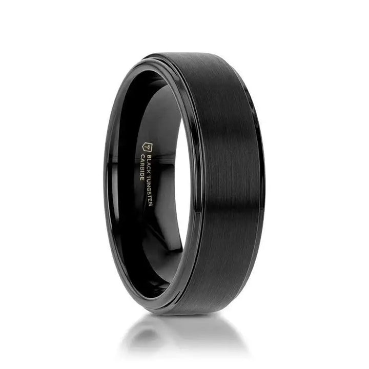 ORION Flat Black Tungsten Ring with Brushed Raised Center & Polished Step Edges - 6mm - 8mm - Larson Jewelers