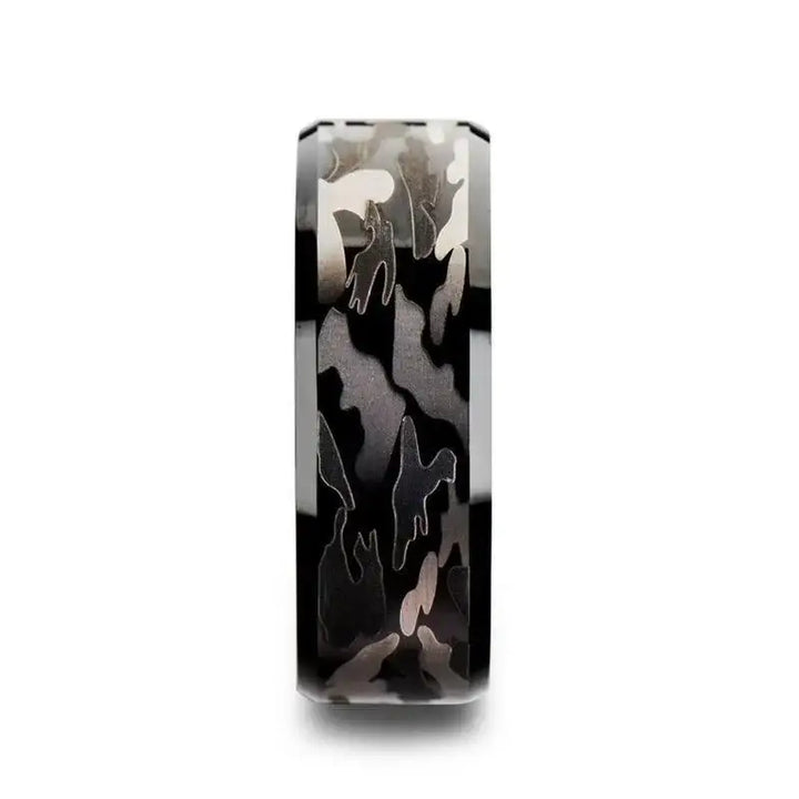CONQUEST Beveled Black Tungsten Carbide Ring with Black and Gray Camo Pattern - 8mm - Larson Jewelers