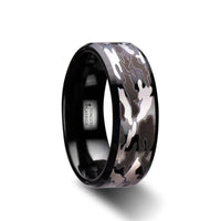 CONQUEST Beveled Black Tungsten Carbide Ring with Black and Gray Camo Pattern - 8mm - Larson Jewelers