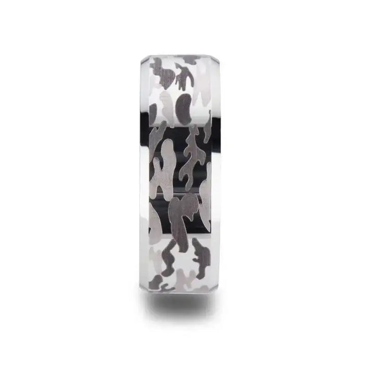 ARMISTICE Beveled Tungsten Carbide Ring with Laser Engraved Camo Pattern - 8 mm - Larson Jewelers