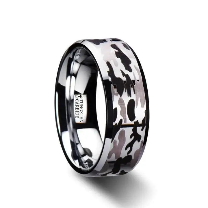 ARMISTICE Beveled Tungsten Carbide Ring with Laser Engraved Camo Pattern - 8 mm - Larson Jewelers