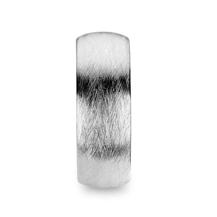 Front view of the BLACKWALD domed tungsten carbide ring highlighting the wire‑brushed texture